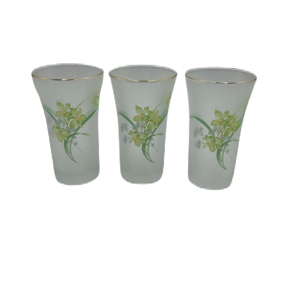 Vintage Set of 3 Frosted Swig Tall Shot Glasses Floral Wheat Grass Design